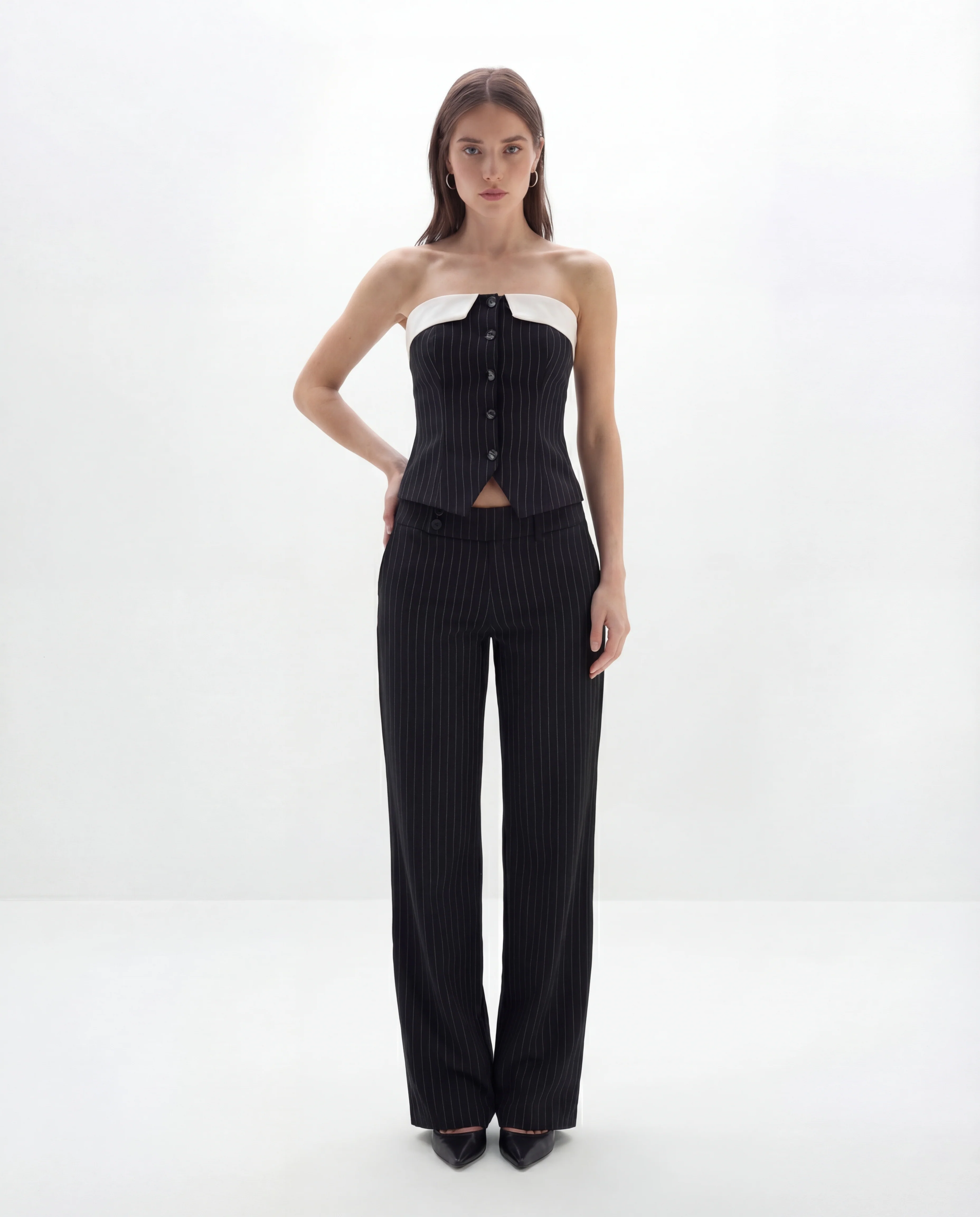 Pinstripes Button-Front Corset Top With Straight Pants - Image 3