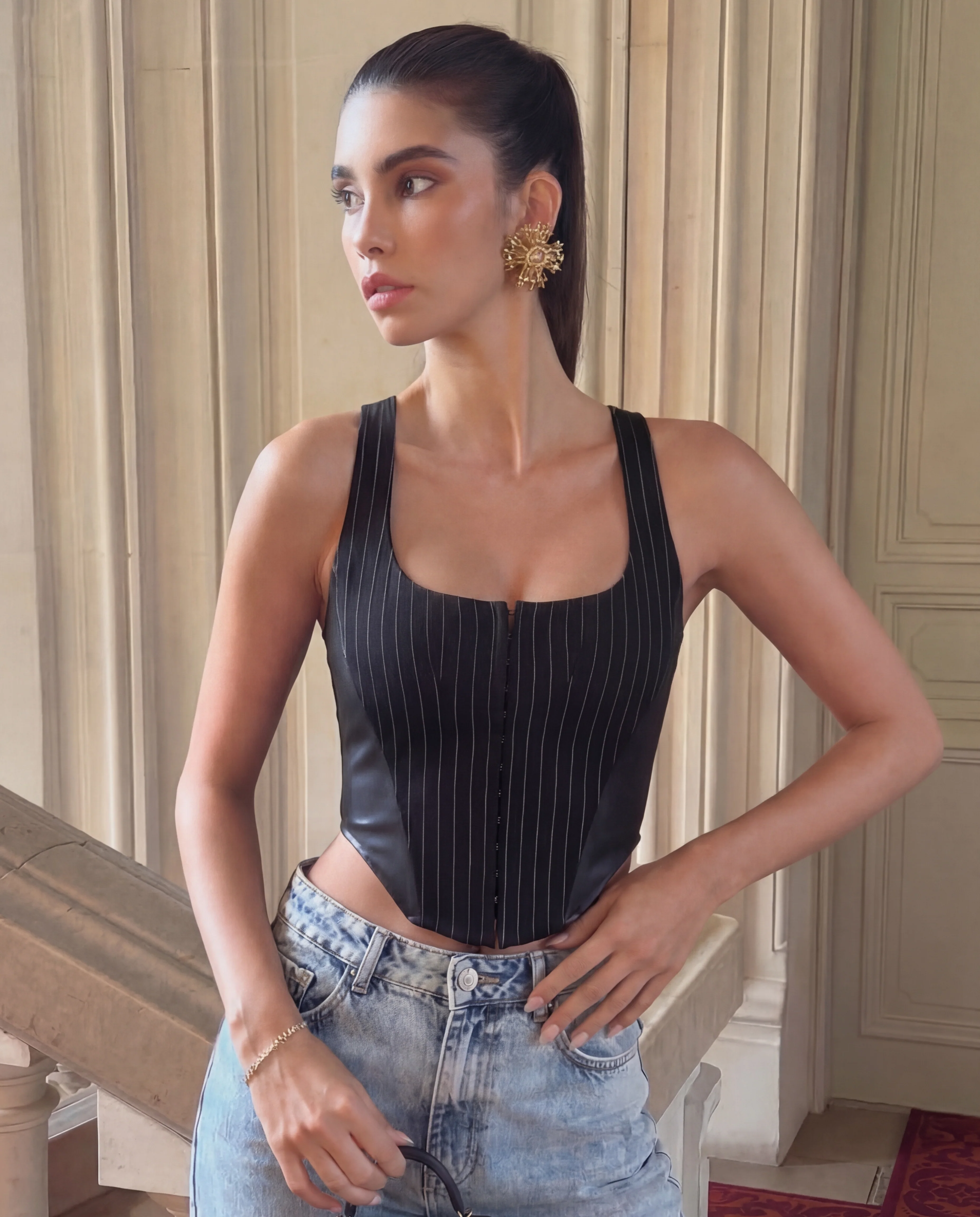 Pinstripes Curved Hem Corset Top - Image 3