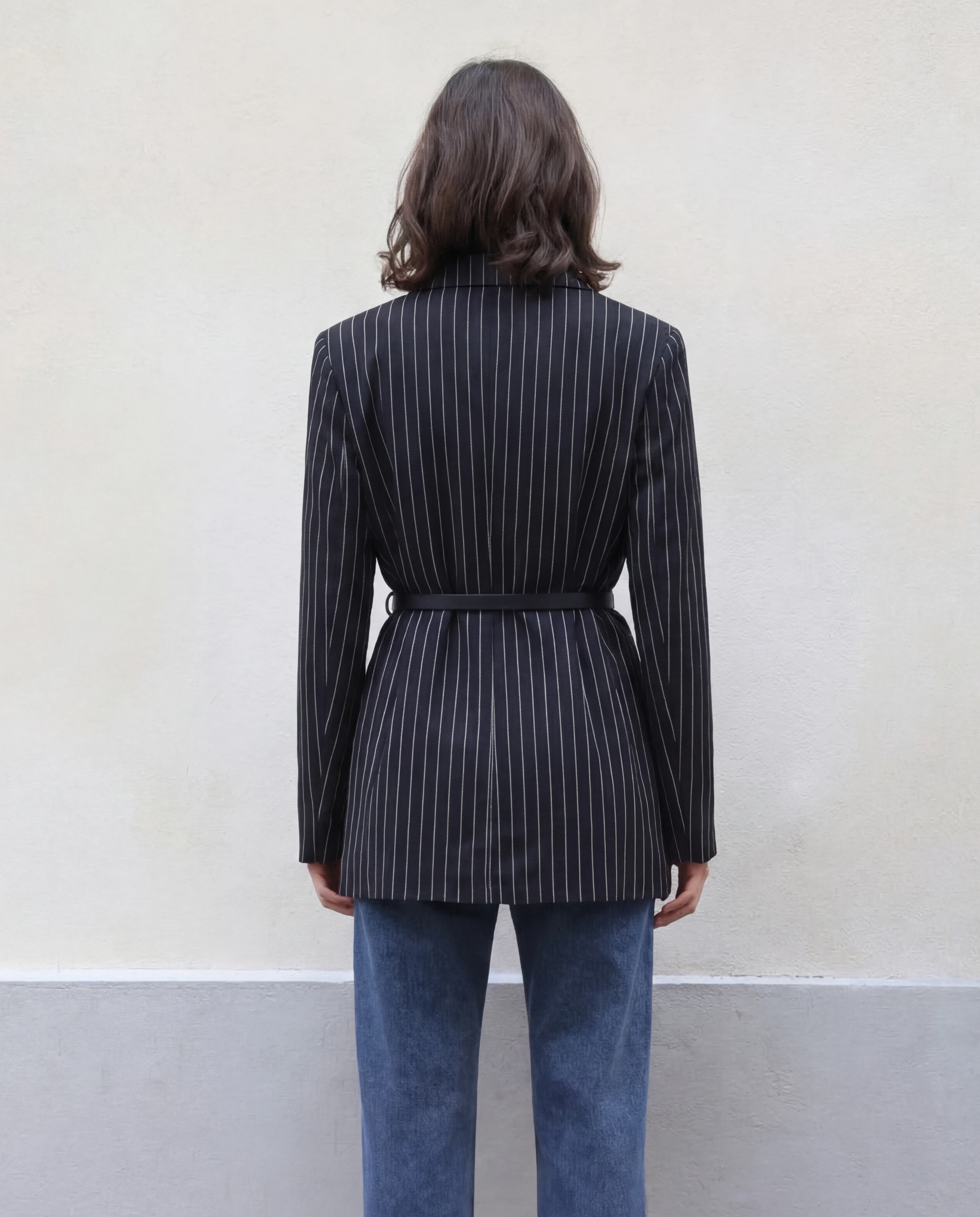 Pinstripes Double Breasted Blazer With Belt - Image 5