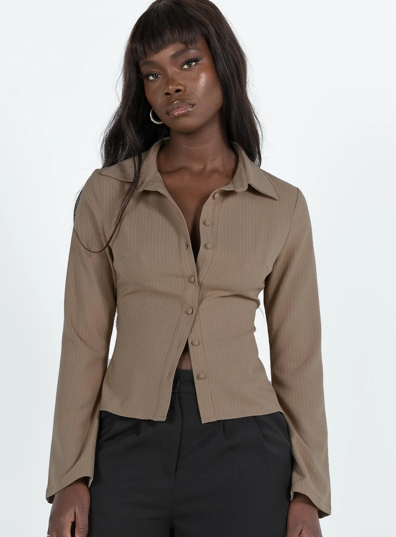 Pinstripes Flared Sleeves Shirt In Beige