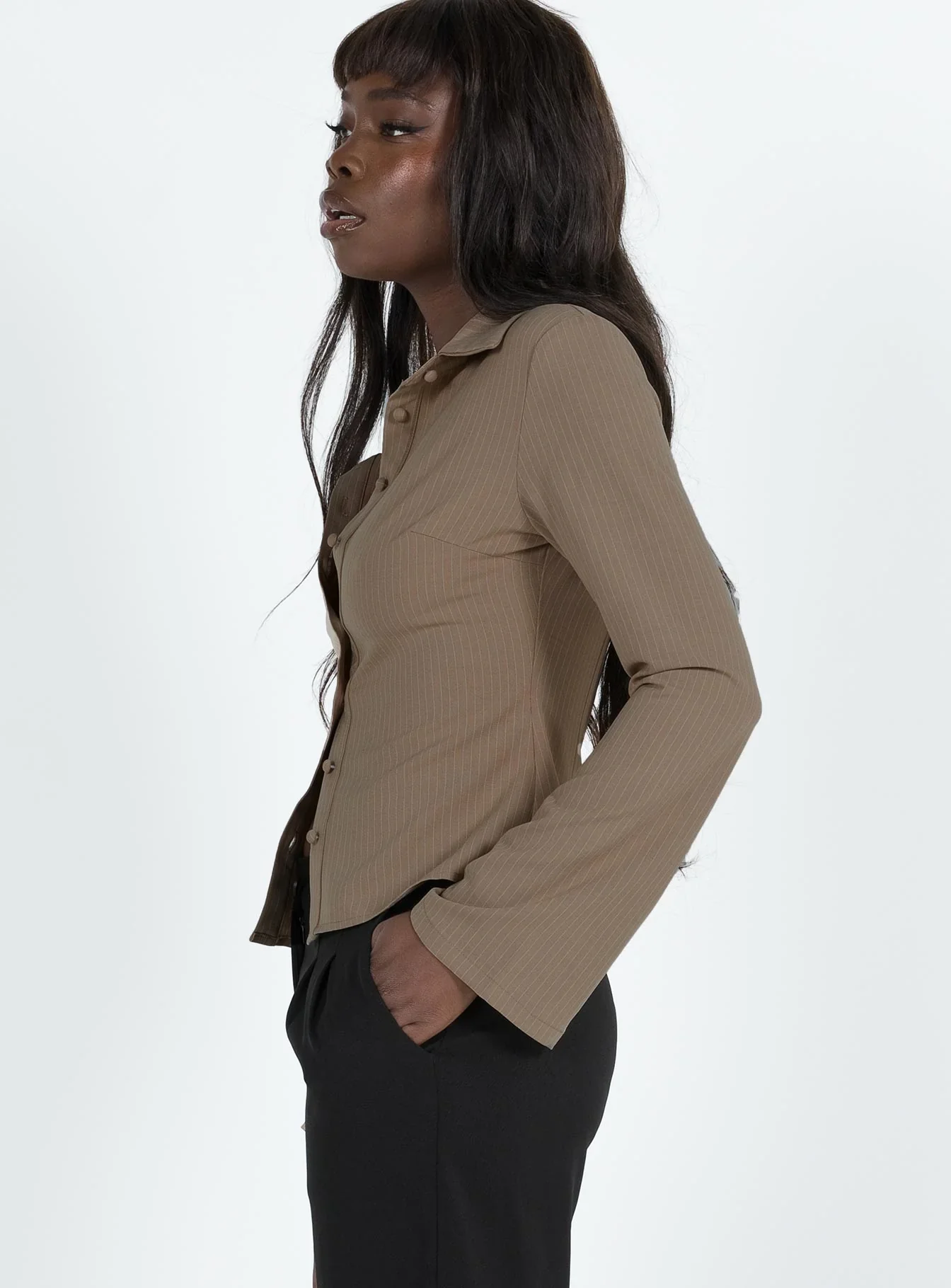 Pinstripes Flared Sleeves Shirt In Beige - Image 4