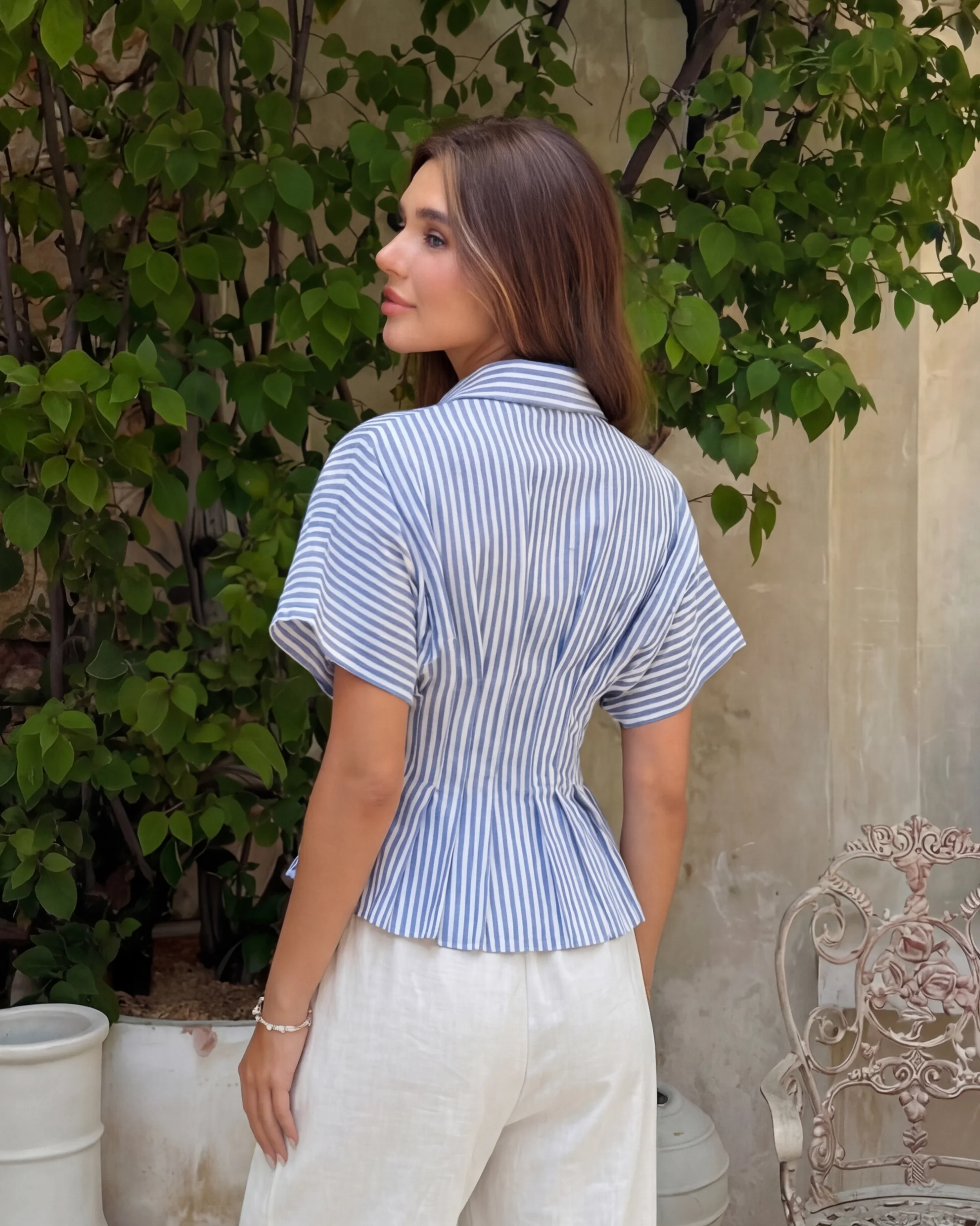 Pleated Cinched Waist Striped Cotton Shirt in Blue - Image 4