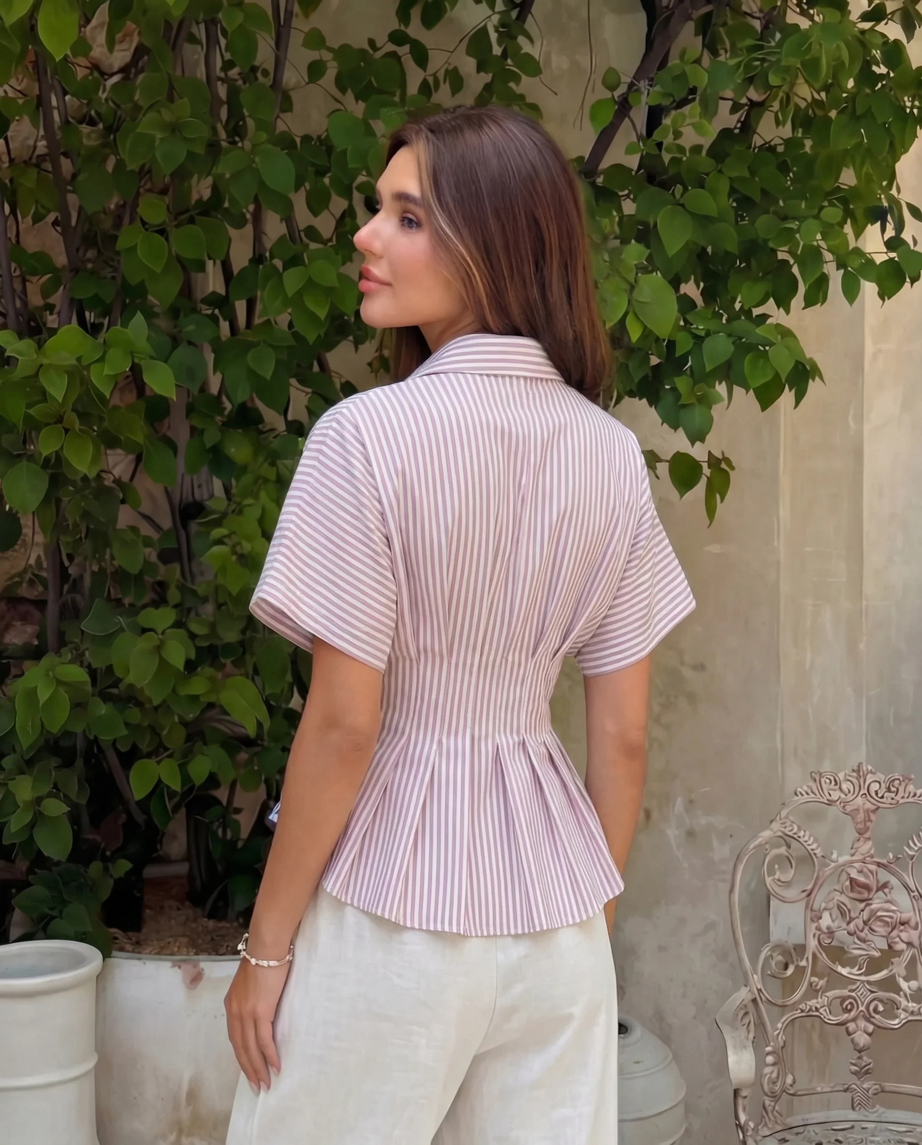 Pleated Cinched Waist Striped Top in Dusty Pink - Image 4