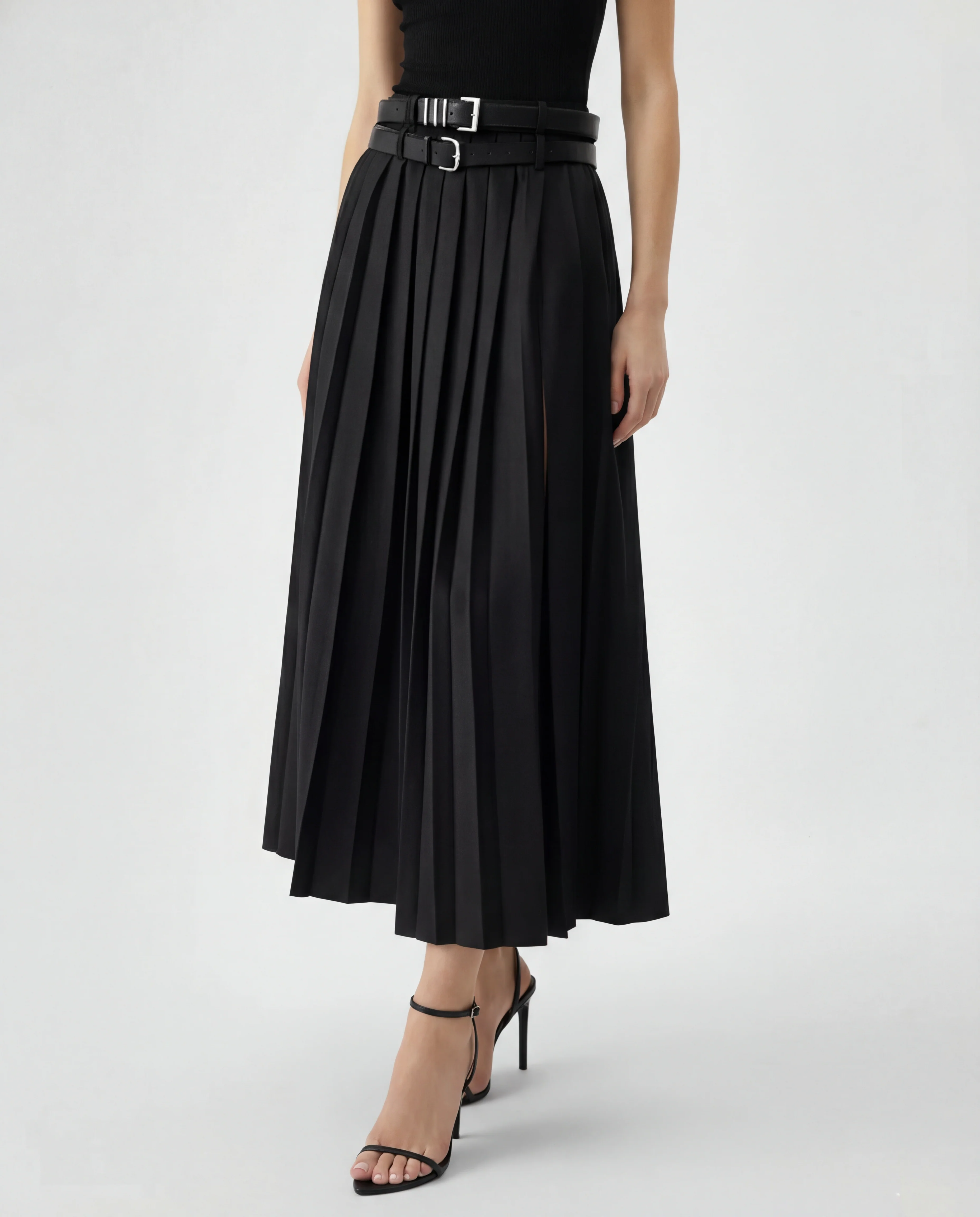 Black Pleated Split Skirt With Two Detachable Belts - Image 2