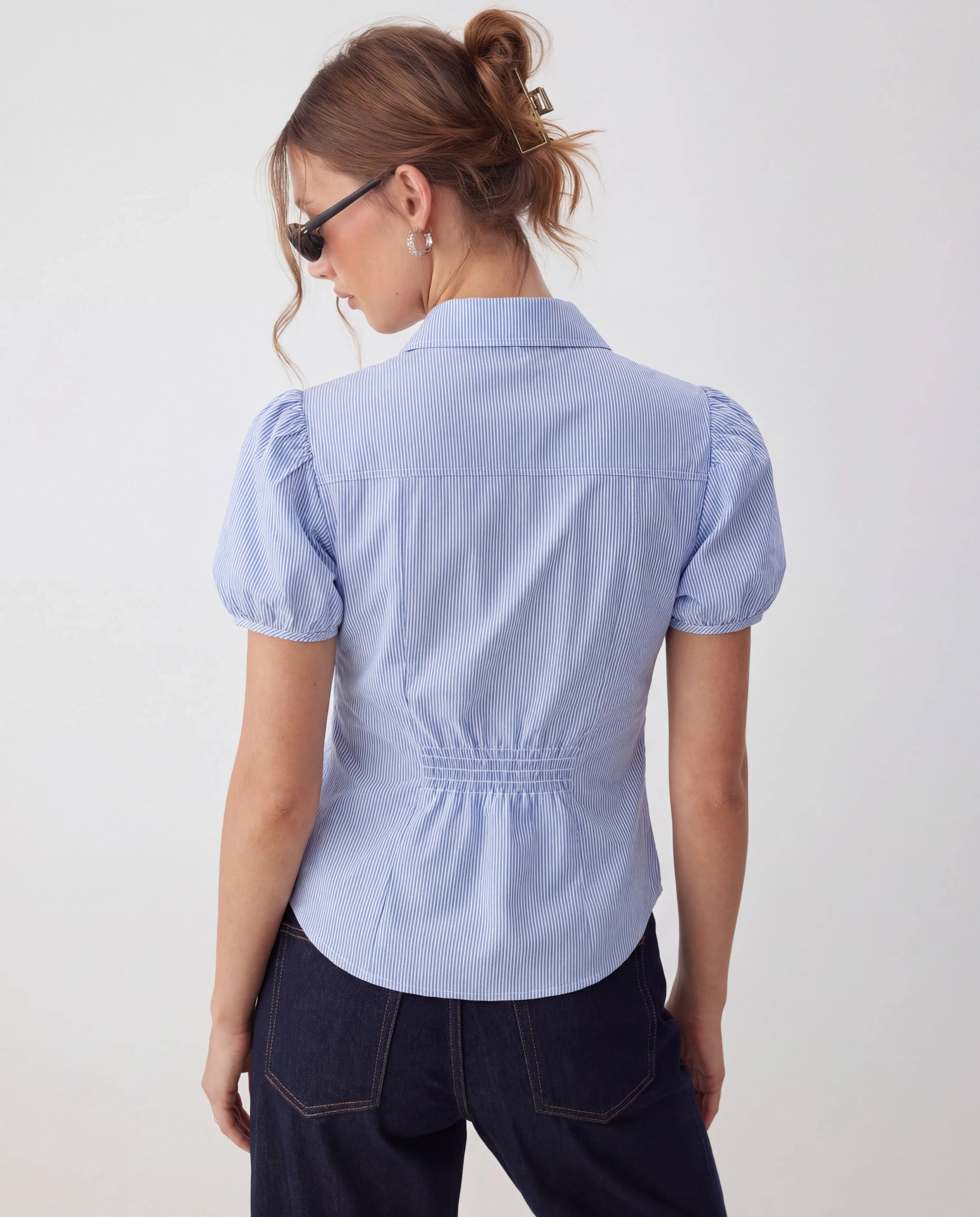 Blue Striped Puff Sleeve Fitted Shirt - Image 6