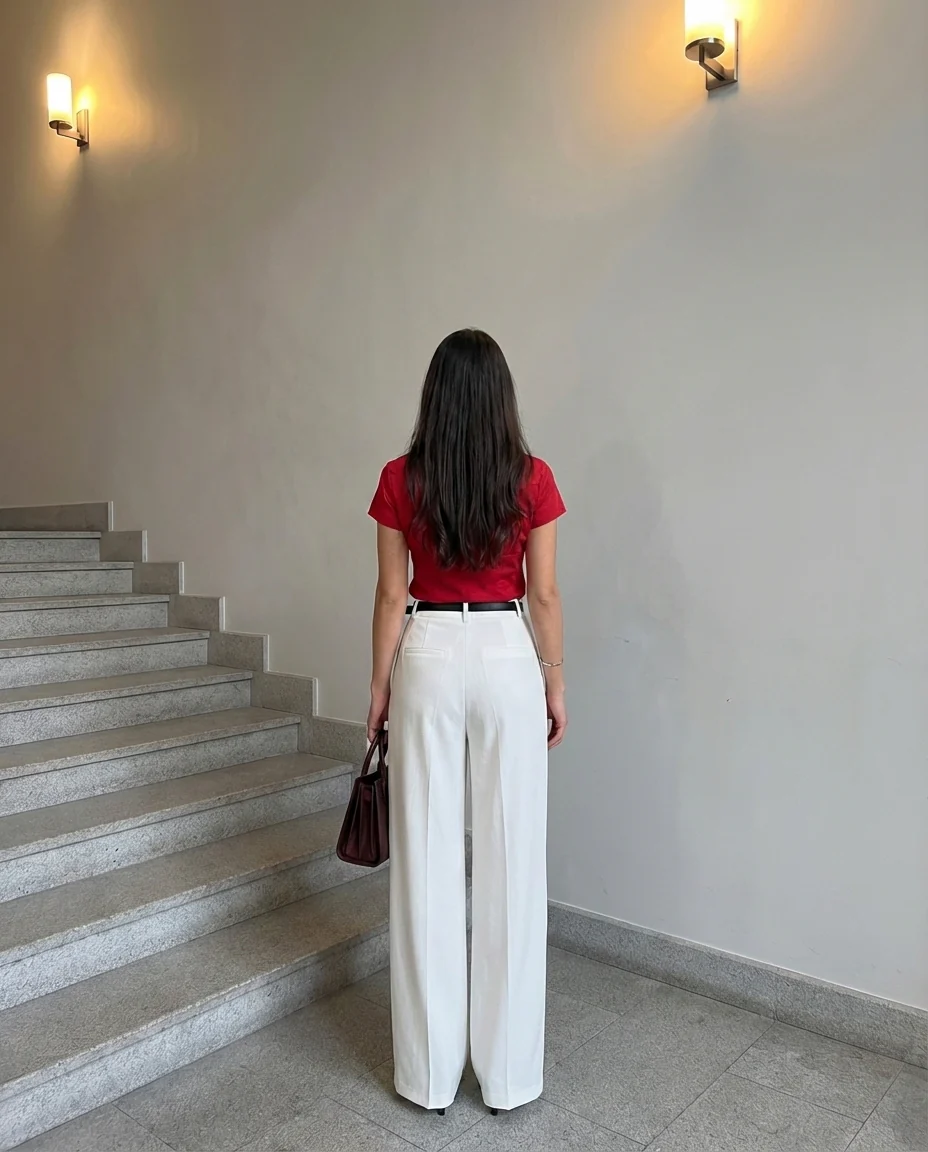 Red waist fitted shirt with white pants with Belt - Image 4