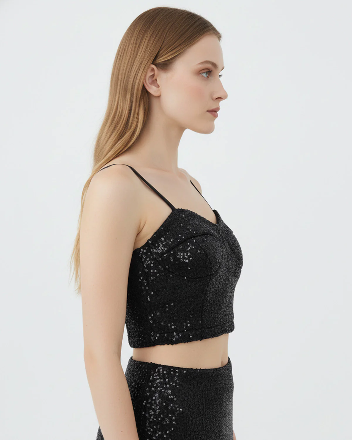 Black Sequin Bustier Crop Top - Image 2
