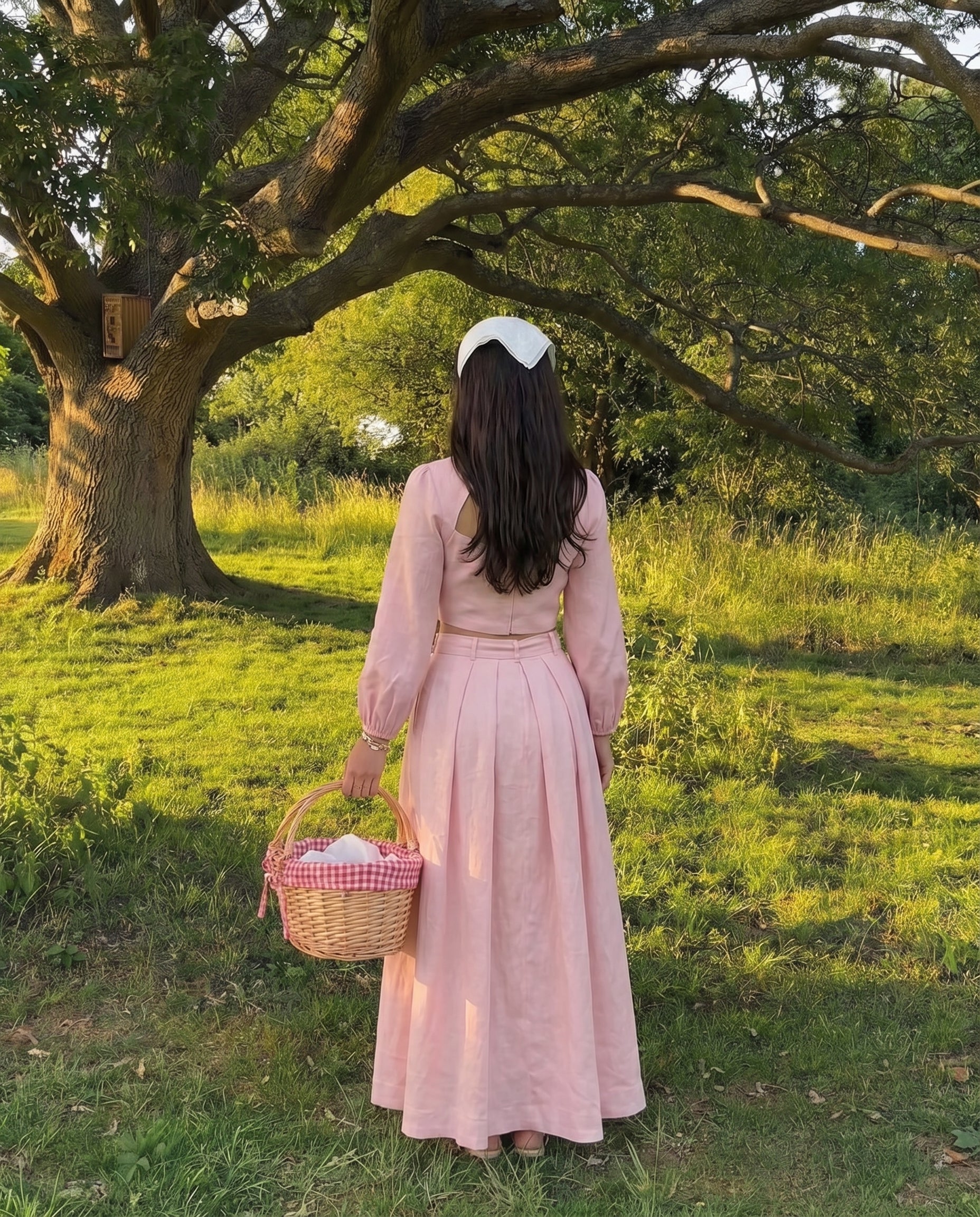 Soft Pink Balloon Sleeves Linen Top and Skirt Set - Image 3