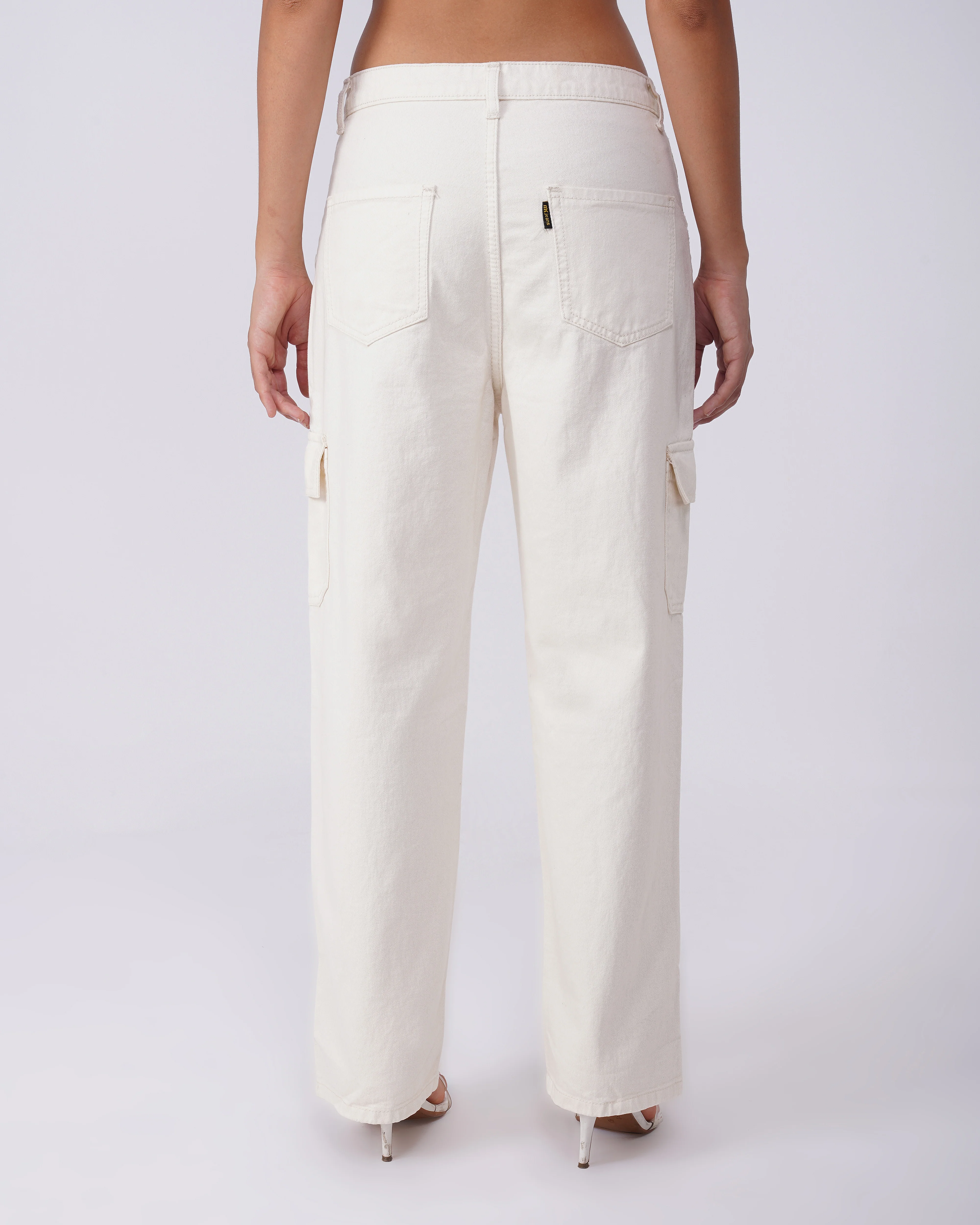 Cream Solid Cargo Jeans - Image 3