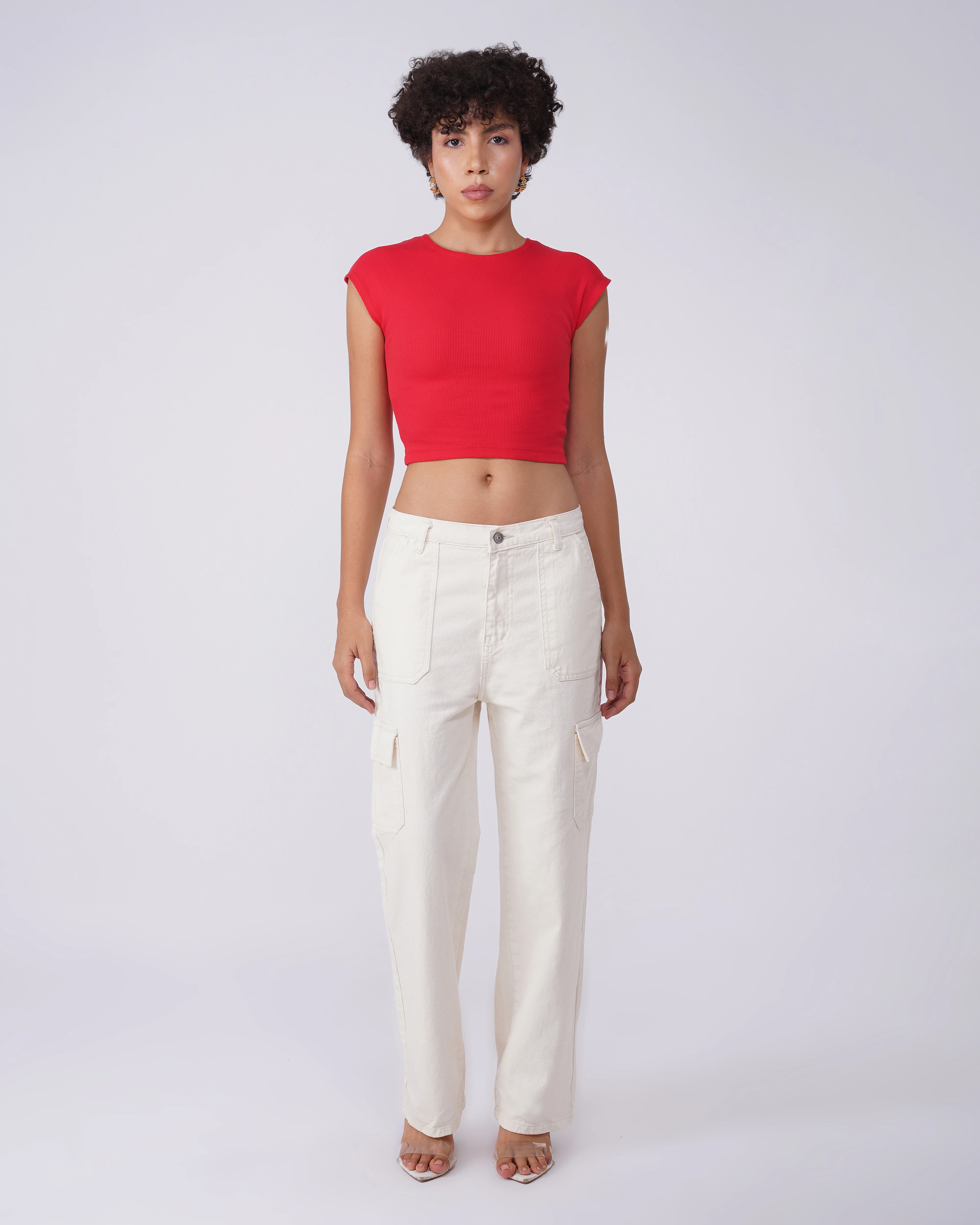 Cream Solid Cargo Jeans - Image 4