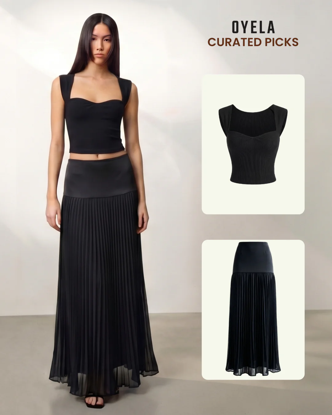 Sweet Heart Neckline Top and Black Fit & Flare Pleated Skirt