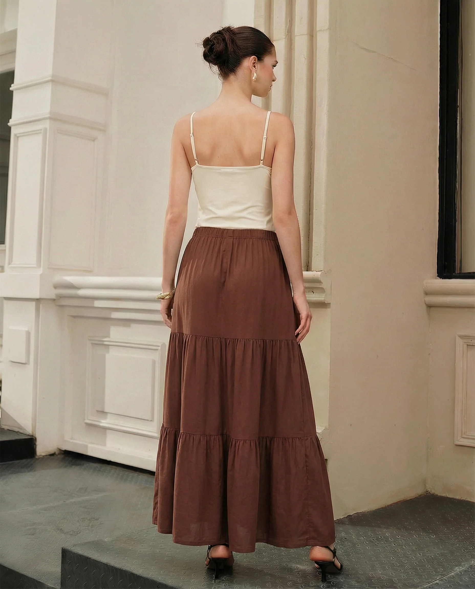 Tiered Brown Long Skirt - Image 3