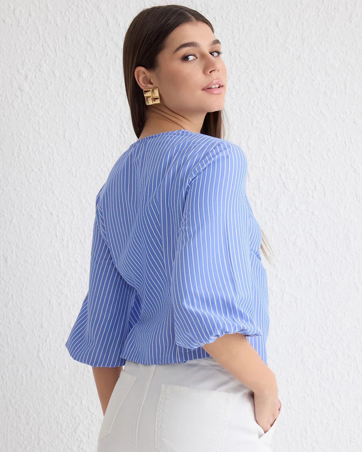 V-Neck Pinstripe Wrap Top - Image 3