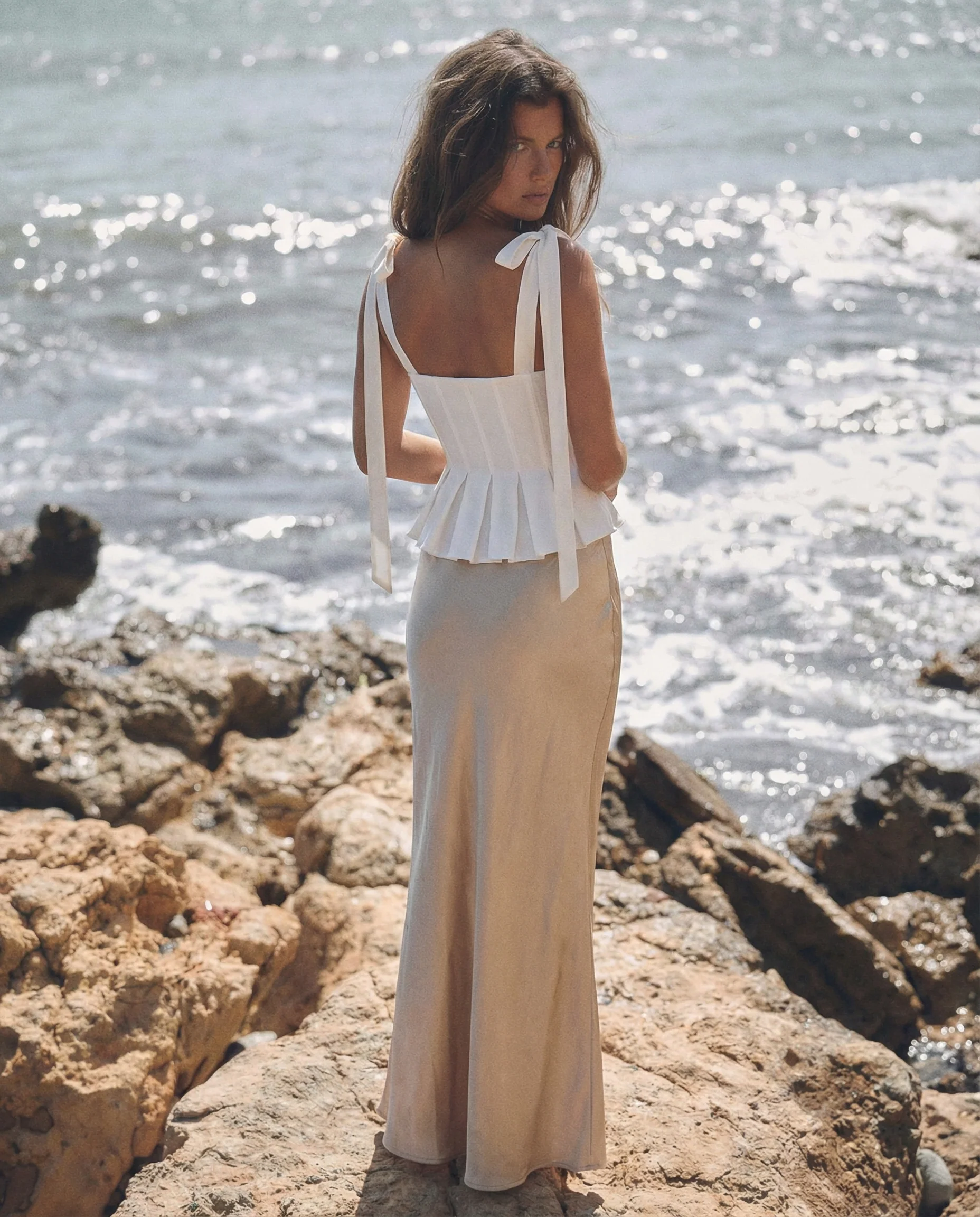 White Bowknot Straps Flared Top With Gold Satin Skirt - Image 3