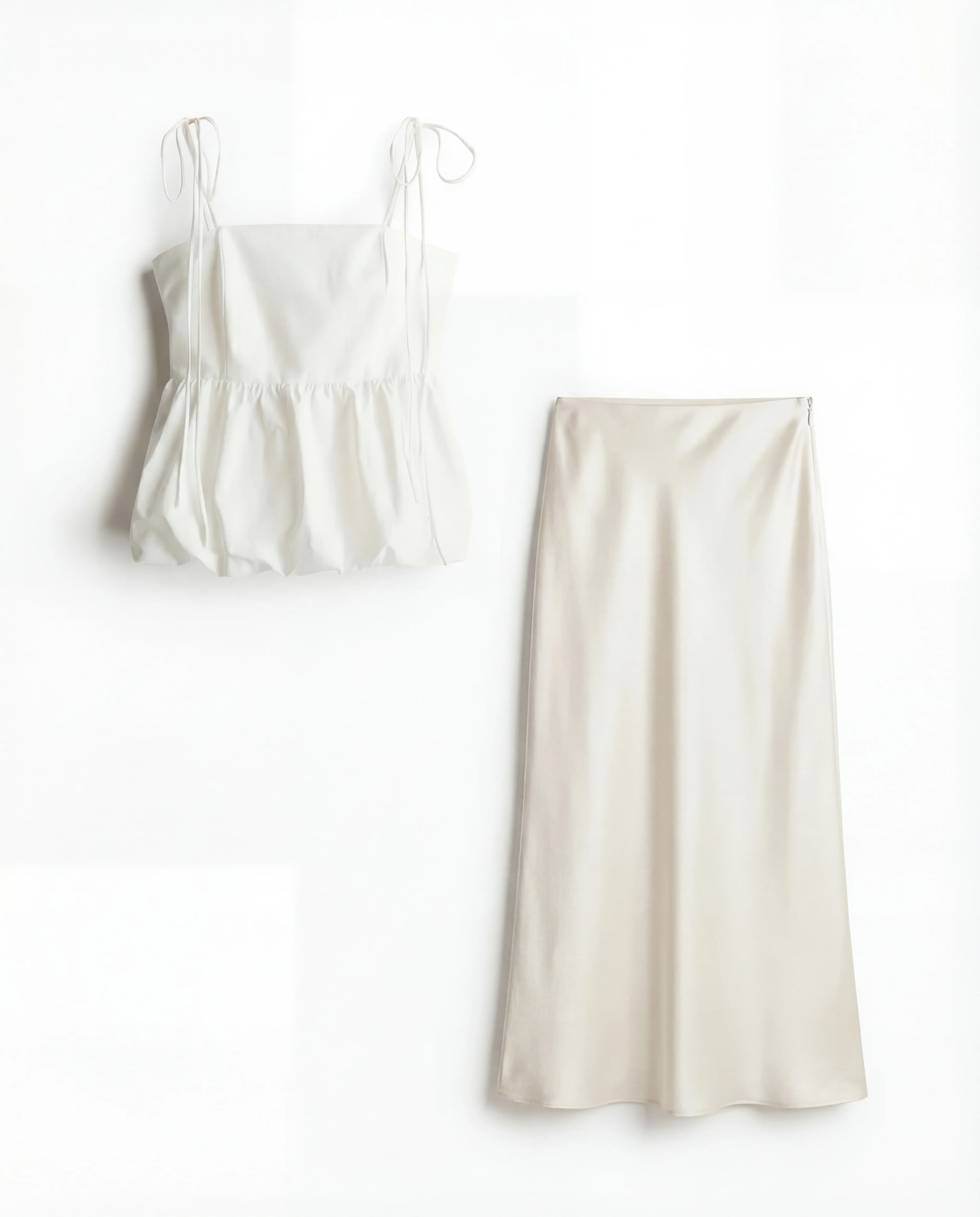White Bubble Hem Camisole Top With Ivory Satin Skirt - Image 4