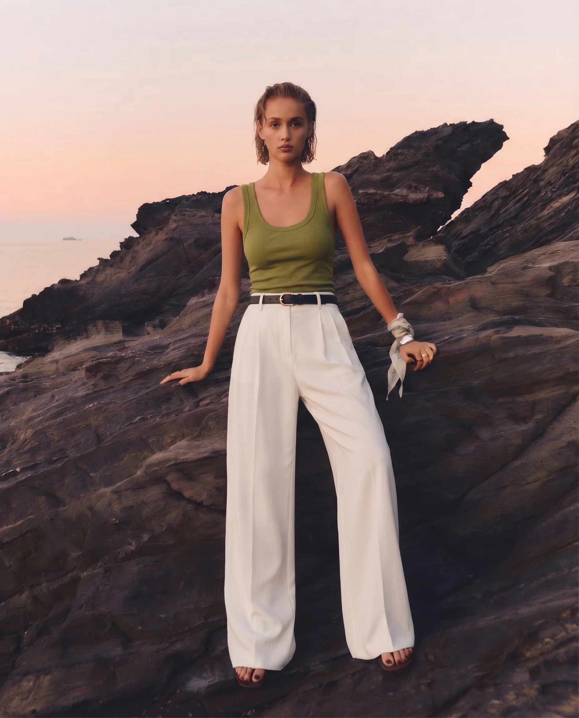 White Wide Leg Pants With Belt - Image 2