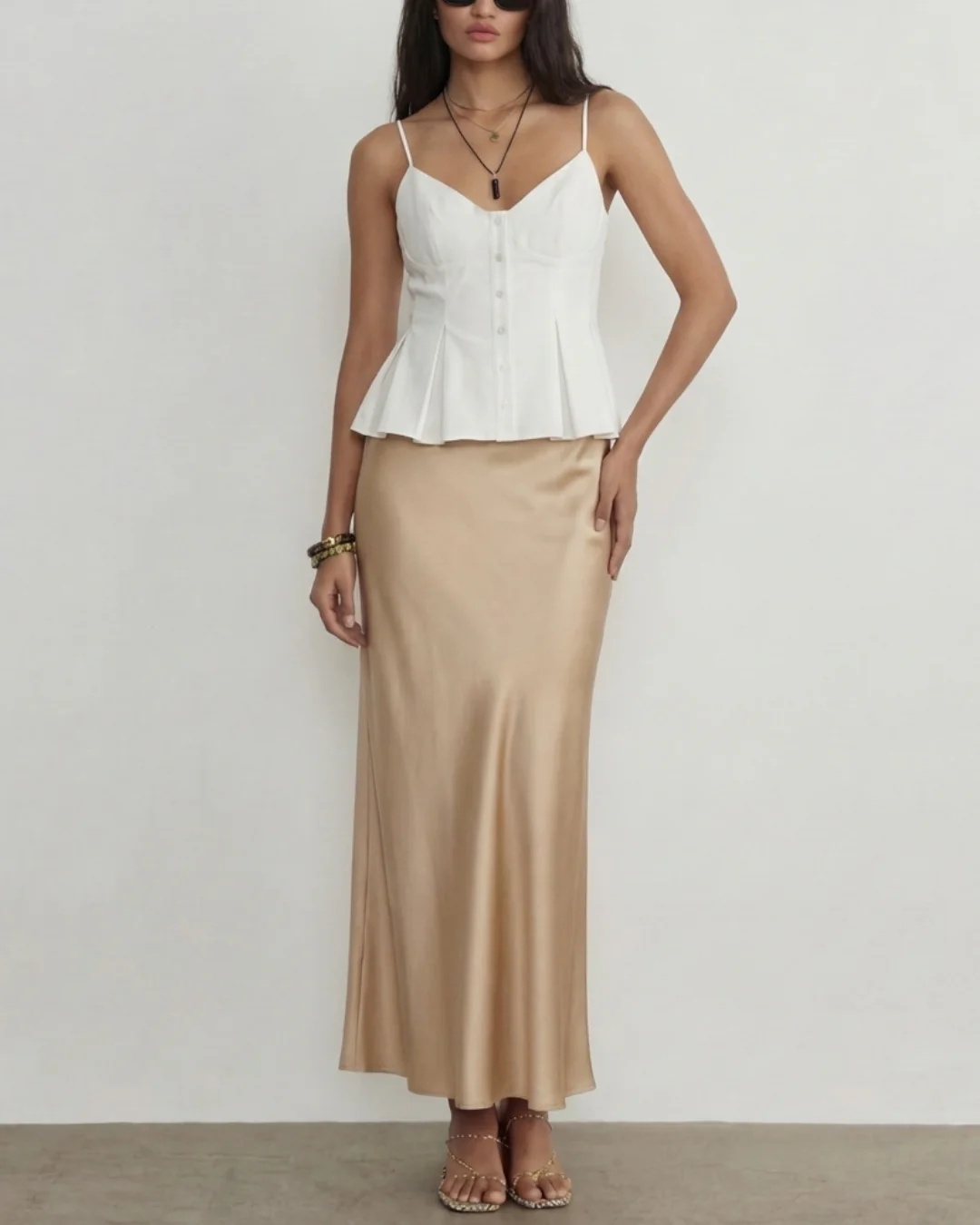 White Spaghetti Strap Peplum Top With Champagne Satin Skirt - Image 5