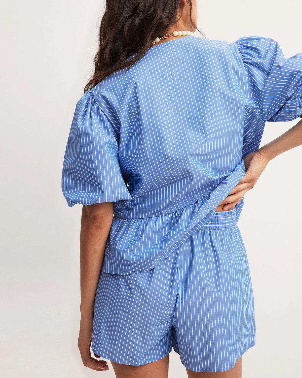 Women's Blue Striped Bowknot Top And Shorts Set - Image 3